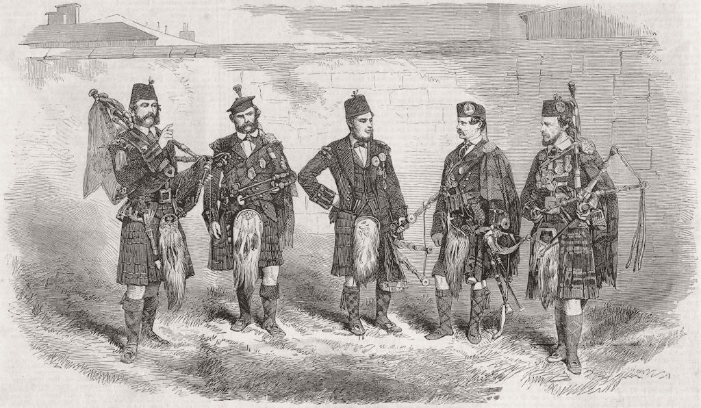 CELTIC SOCIETY BAGPIPERS. Cameron; McCarfrae 1858 old antique print picture